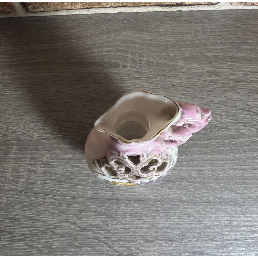 VTG Hand Painted Reticulated Porcelain Mini Ewer Pitcher Pink Gold Floral Vase